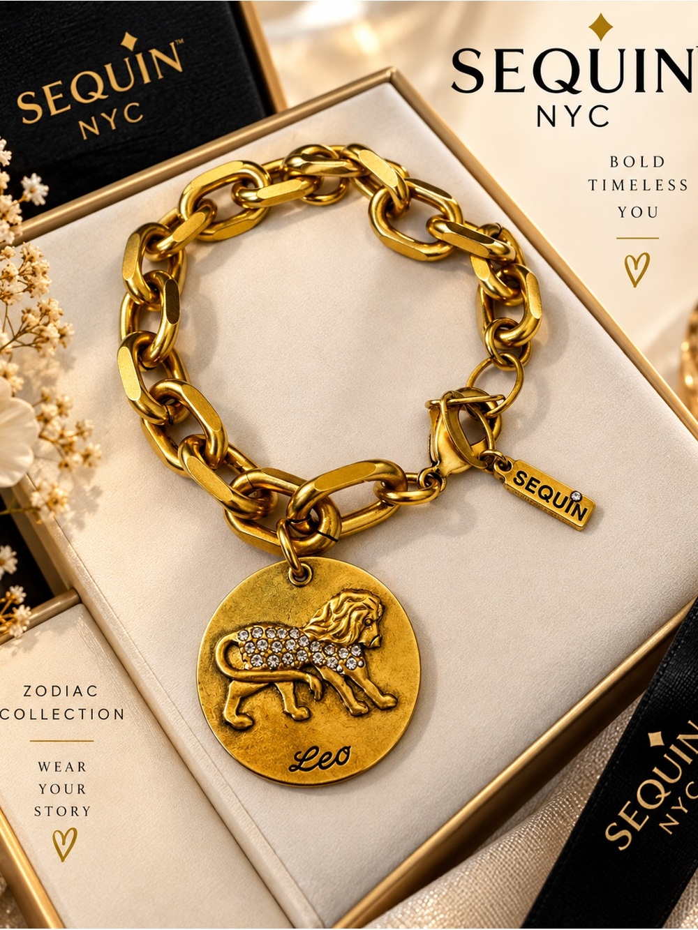 Gold Leo Zodiac Charm Bracelet - Women's Statement Jewelry